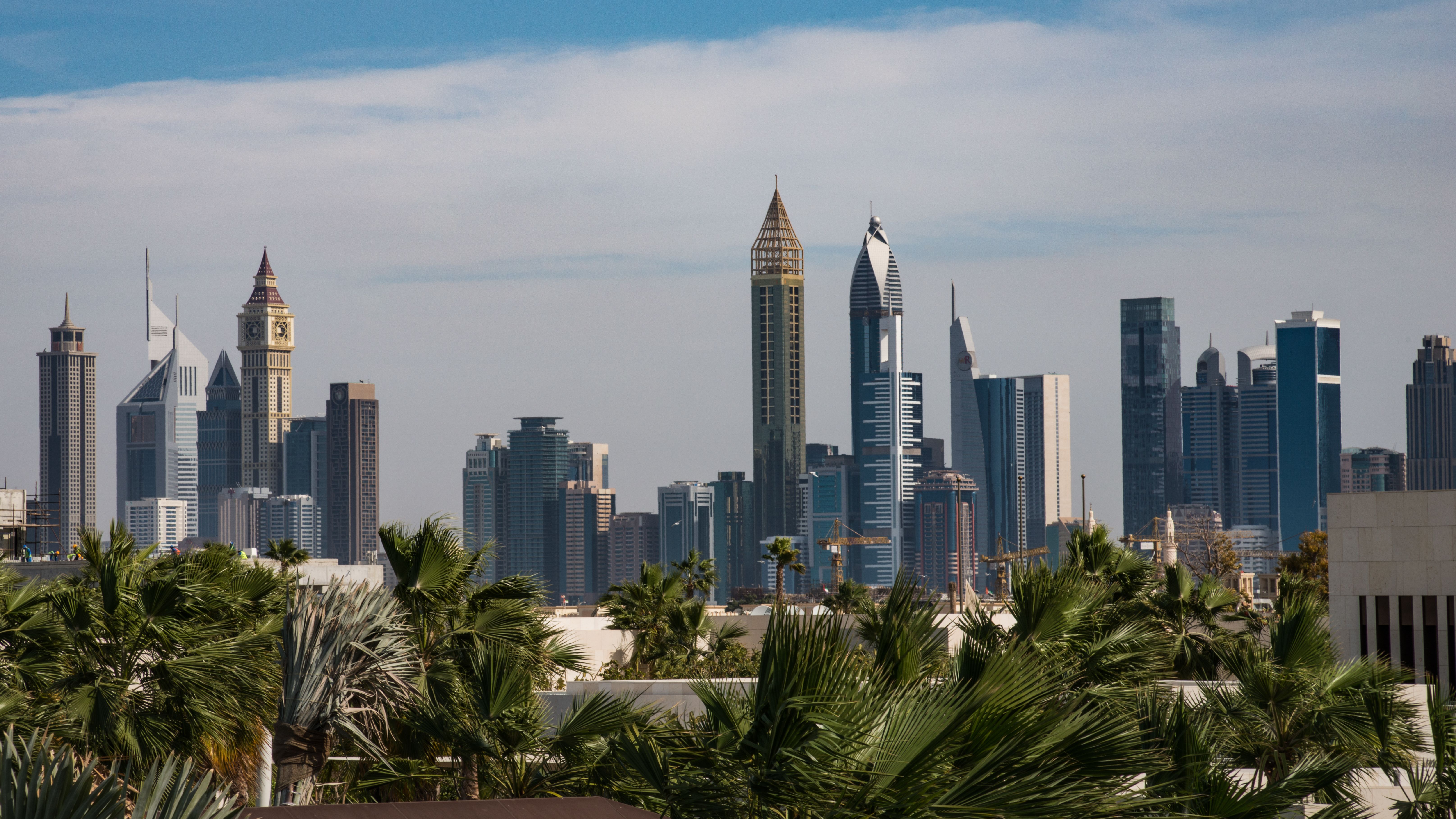 The Dubai skyline behind palm trees under a cloudy sky