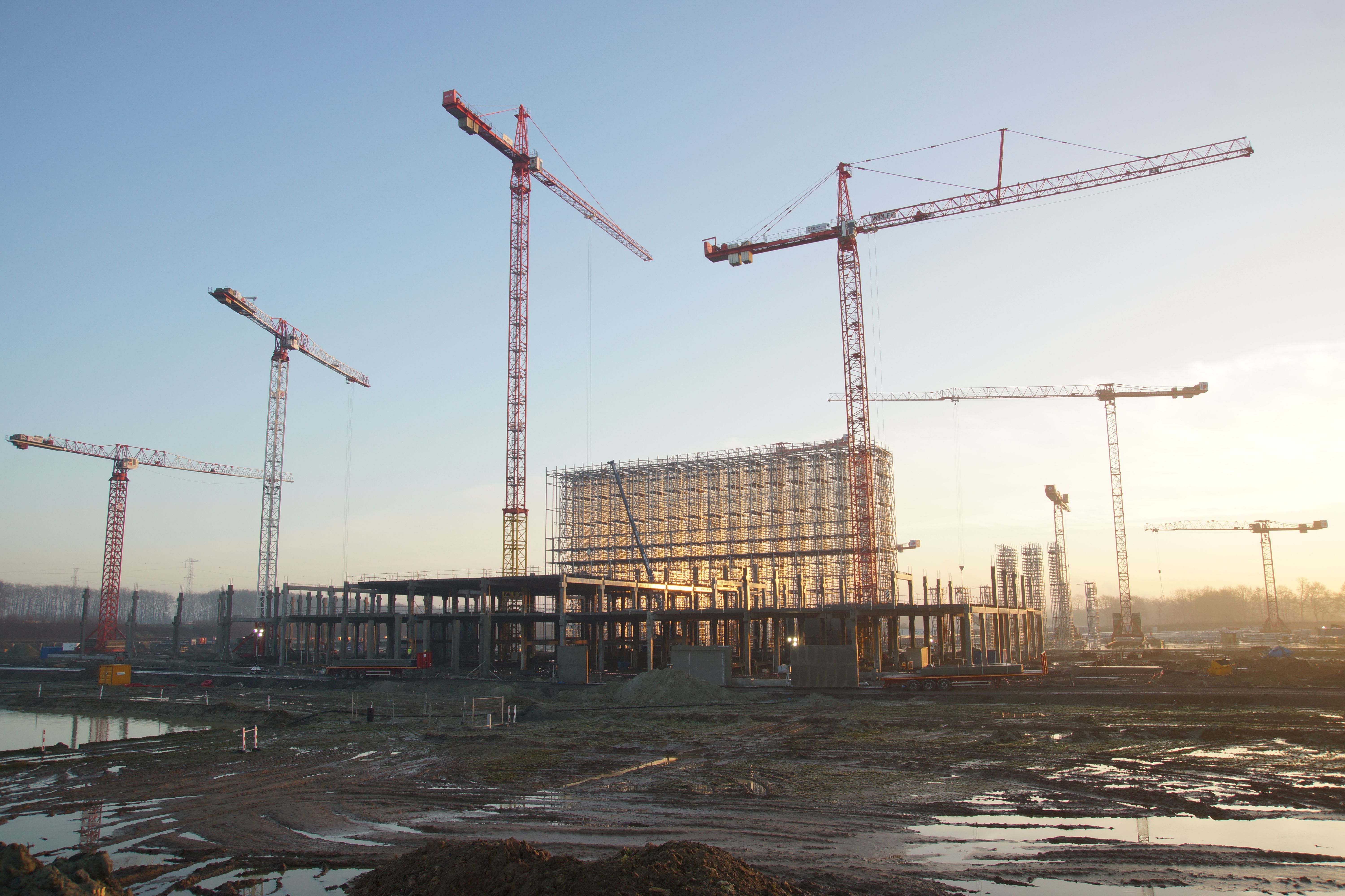 Cranes at Building Site on Sunset